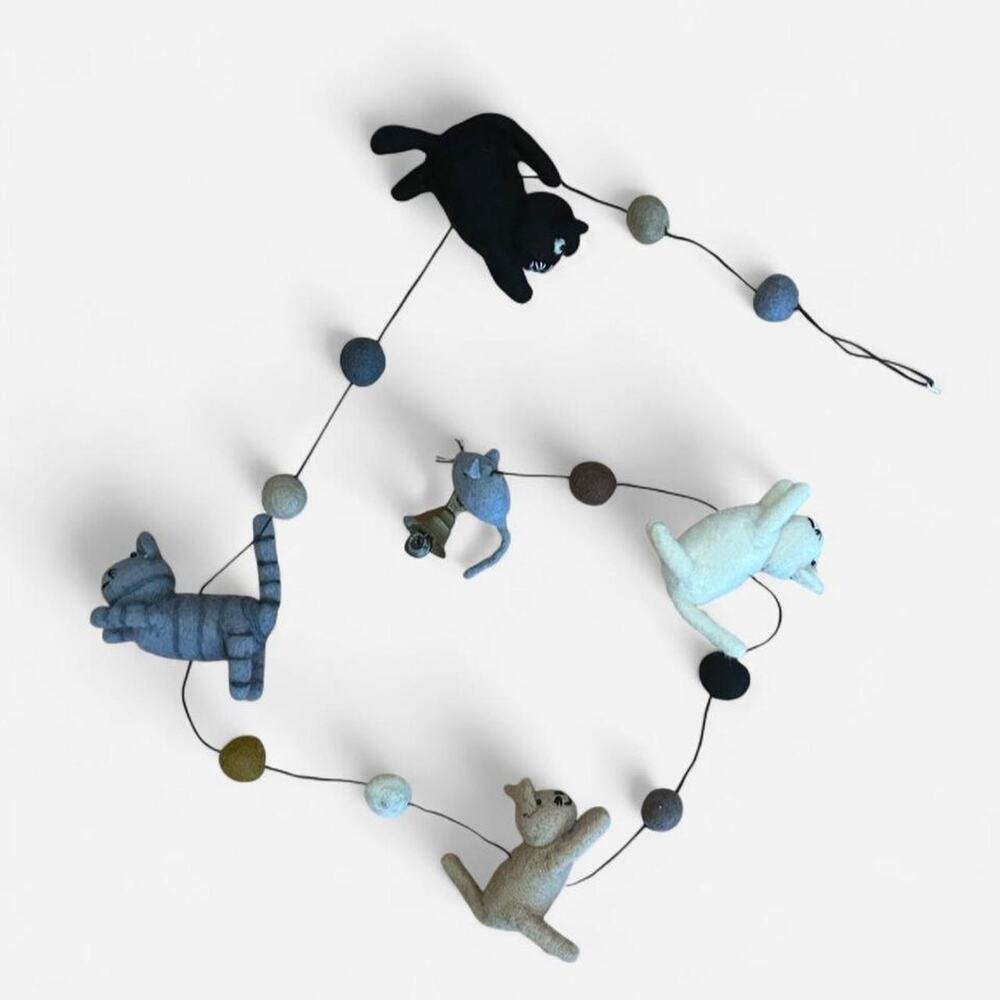 52” felted cat and ball garland with mouse and bell string decor kittens